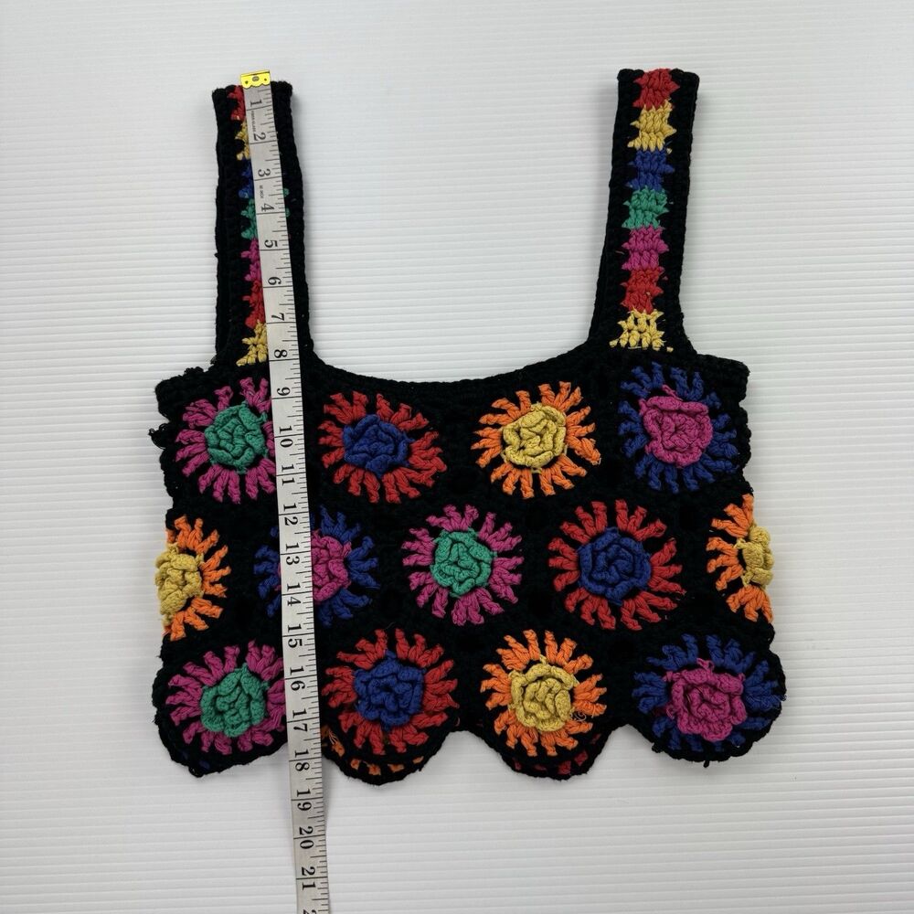 FARM Rio Womens M Crochet Flowers Crop Top Black Multicolor Granny Square Lined - Picture 8 of 13
